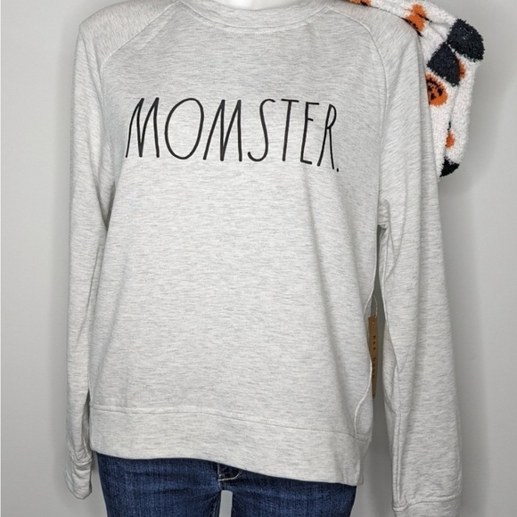 Rae Dunn Momster silky soft sweater with Pumpkin socks NWT Size XL gray color - Picture 3 of 9